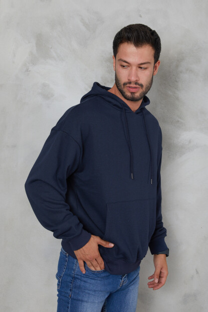 2D2B  Erkek Oversize Kapüşonlu Kanguru Cepli Ribanalı Uzun Kollu Basic Sweatshirt