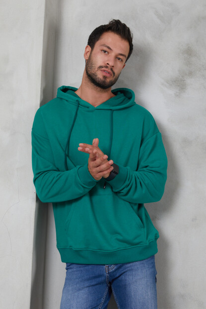2D2B  Erkek Oversize Kapüşonlu Kanguru Cepli Ribanalı Uzun Kollu Basic Sweatshirt