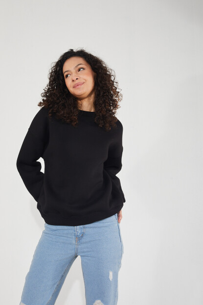 2D2B  Kadın Bisiklet Yaka Uzun Kollu Basic 3 İplik Şardonlu Sweatshirt