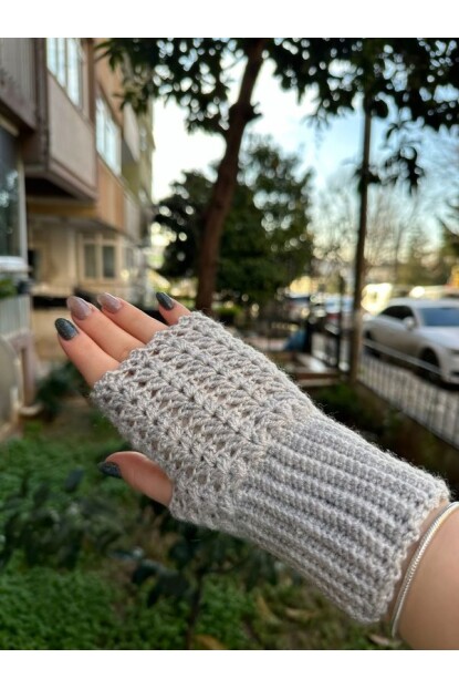 2D2B Kadın El Örmesi Motifli Parmaksız Yarım Kesik Eldiven