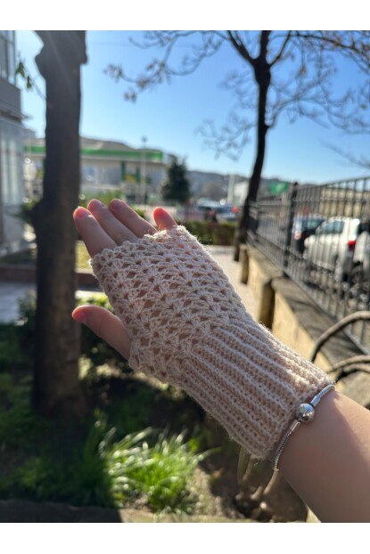 2D2B Kadın El Örmesi Motifli Parmaksız Yarım Kesik Eldiven