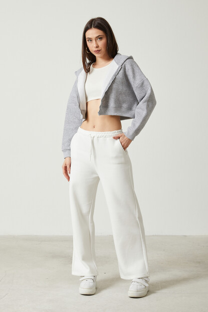 2D2B Kadın Basic Fermuarlı Kapüşonlu Crop Kalın İçi Polarlı Örme Sweatshirt