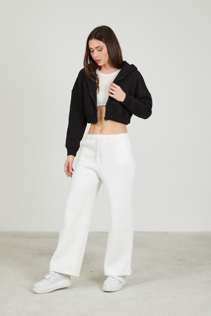 2D2B Kadın Basic Fermuarlı Kapüşonlu Crop Kalın İçi Polarlı Örme Sweatshirt