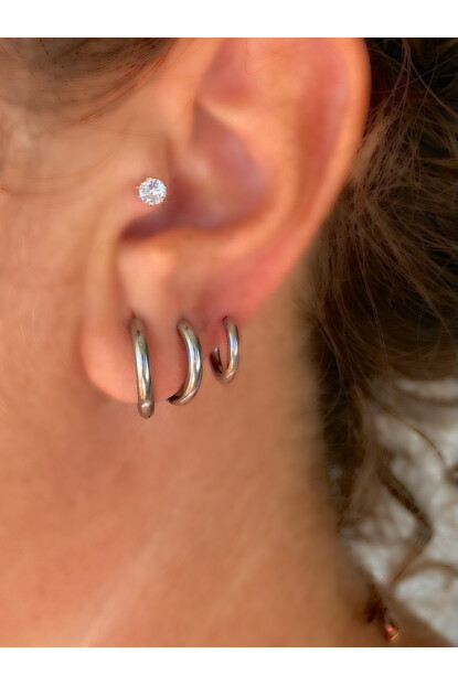 NATURE Çelik 3lü Kombin Gümüş Renk Düz Halka Küpe