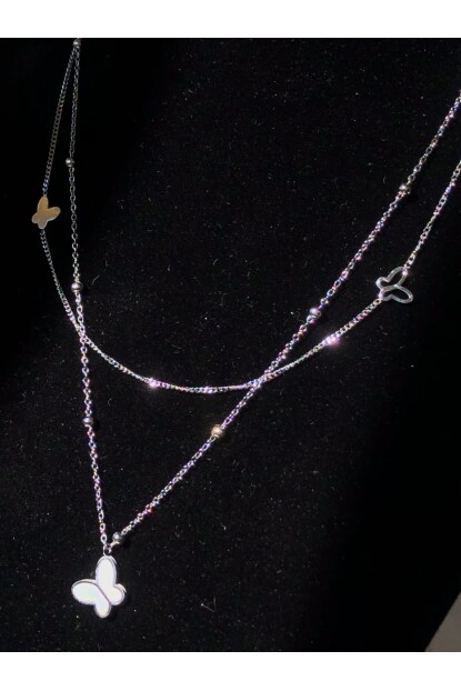 NATURE Çelik Çift Zincirli Sedefli 45cm Gümüş Renk Kelebek Kolye