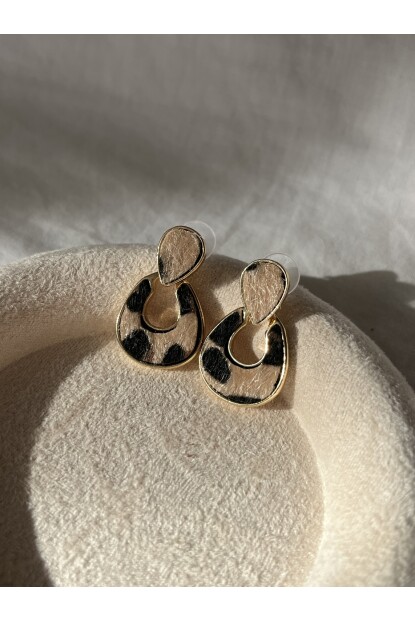 NATURE Çelik Gold Renk Leopar Desenli Sallantılı  Küpe