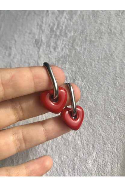 NATURE Çelik Gümüş Renk Kırmızı Taş Kalpli  Oval Halka  Küpe