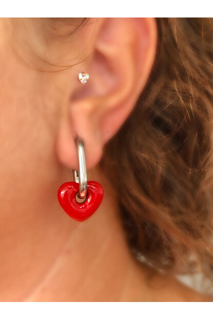 NATURE Çelik Gümüş Renk Kırmızı Taş Kalpli  Oval Halka  Küpe