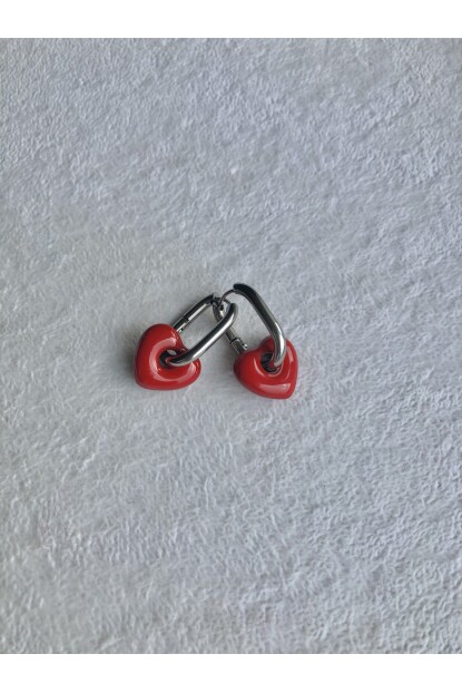 NATURE Çelik Gümüş Renk Kırmızı Taş Kalpli  Oval Halka  Küpe