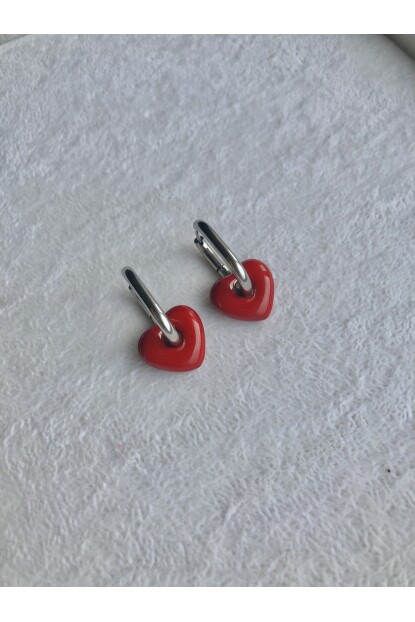 NATURE Çelik Gümüş Renk Kırmızı Taş Kalpli  Oval Halka  Küpe