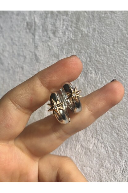 NATURE Çelik Gümüş Renk Ortası Zirkon Yıldız Taşlı Halka  Küpe