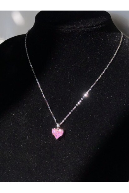NATURE Çelik Pembe Zirkon Taş  45 cm Gümüş Renk Kalp Kolye