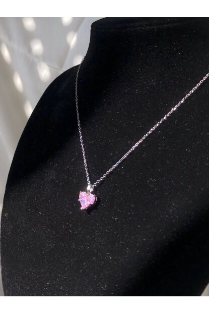NATURE Çelik Pembe Zirkon Taş  45 cm Gümüş Renk Kalp Kolye