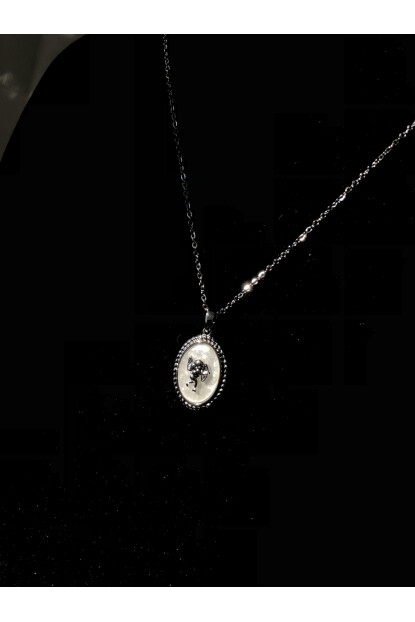 NATURE Çelik Sedefli Taşlı 45 cm Gümüş Melek Kolye