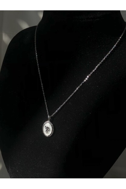 NATURE Çelik Sedefli Taşlı 45 cm Gümüş Melek Kolye