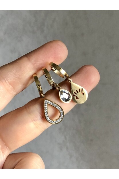 NATURE Çelik  Zirkon Taşlı 3 Lü Kombin Gold  Damla Halka Küpe 