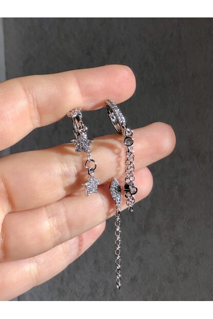 NATURE Çelik  Zirkon Taşlı 3 Lü Kombin Gümüş Zincir Halka Küpe 