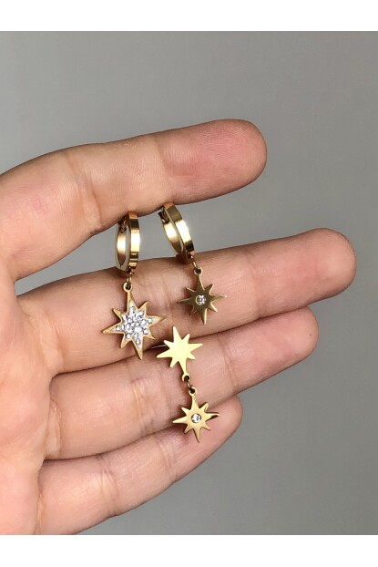 NATURE Çelik  Zirkon Taşlı 3 Lü Kombin Kuzey Yıldızı Gold Halka Küpe 
