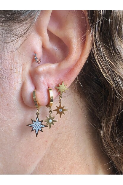 NATURE Çelik  Zirkon Taşlı 3 Lü Kombin Kuzey Yıldızı Gold Halka Küpe 