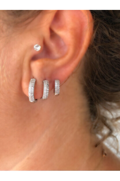 NATURE Çelik Zirkon Taşlı 3lü Gümüş Renk Kombin Halka Küpe