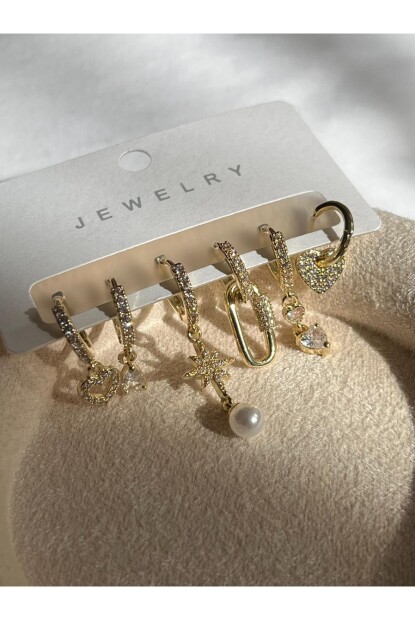 NATURE Çelik Zirkon Taşlı Gold Renk Şık Çengel Küpe Seti