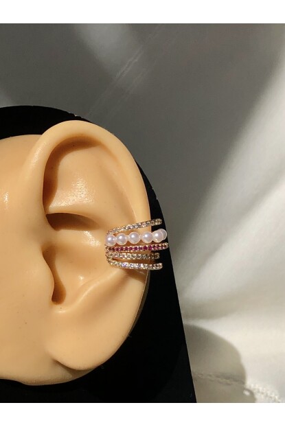 NATURE Çelik  Zirkon Taşlı İncili Sıkıştırma Earcuff Gold Renk Küpe