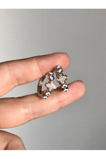 NATURE Çelik  Zirkon Taşlı Nazar Boncuklu Küçük Yonca Halka  Küpe 