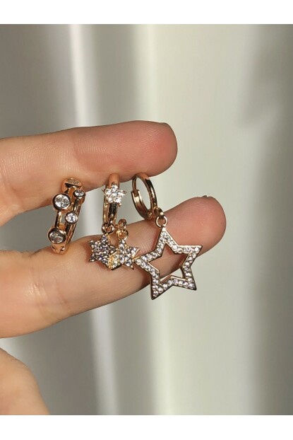 NATURE Çelik  Zirkon Taşlı Sallantılı 3 Lü Kombin Gold Yıldız Halka Küpe 