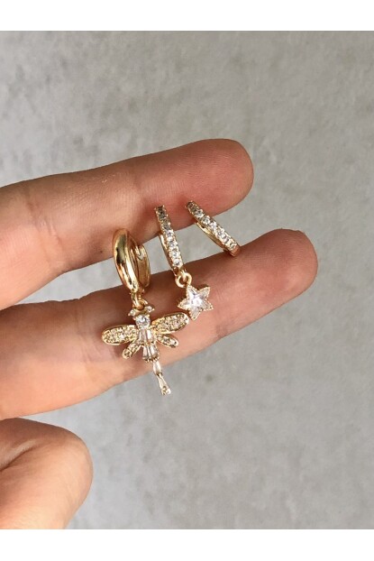 NATURE Çelik  Zirkon Taşlı Sallantılı 3 Lü Kombin Gold Yusufcuk  Halka Küpe 