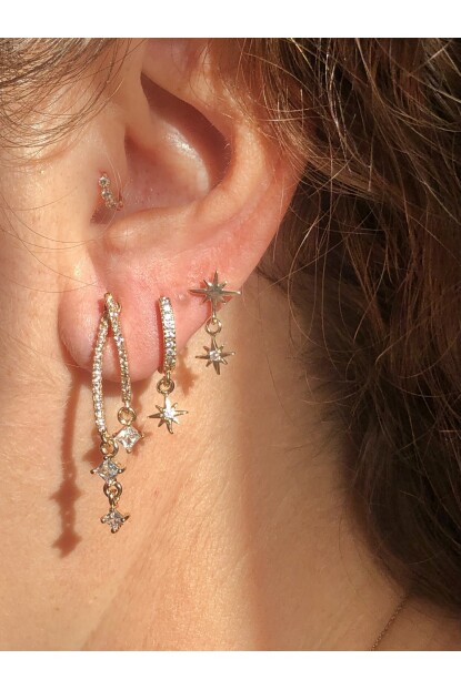 NATURE Çelik  Zirkon Taşlı Sallantılı 3 Lü Kombin Kuzey Yıldızı Gold Şerit Küpe 