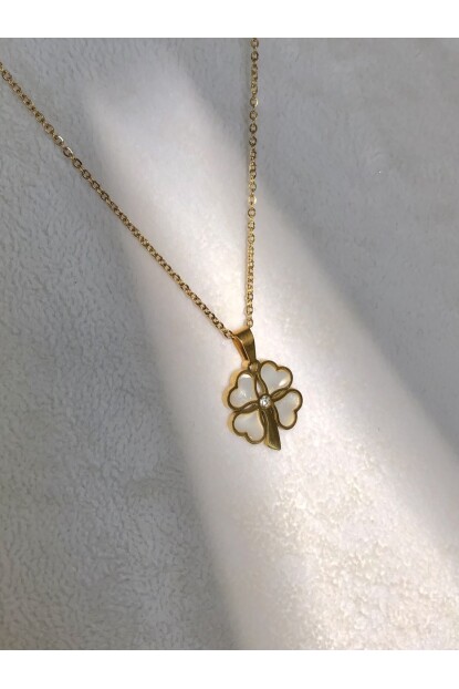 NATURE Çelik Zirkon Taşlı Sedef Yonca 48 cm Rose Gold Renk Kolye