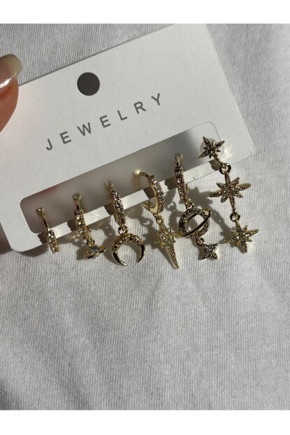 NATURE Çelik Zirkon Taşlı Şık Gezegen Küpe Seti