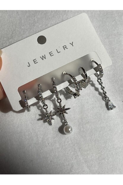 NATURE Çelik Zirkon Taşlı Şık İncili Küpe Seti