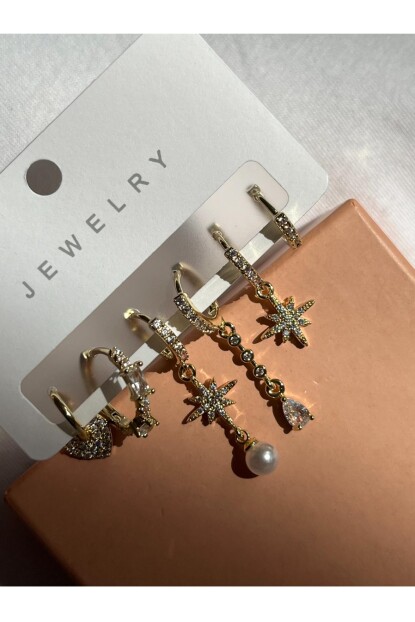 NATURE Çelik Zirkon Taşlı Şık İncili Küpe Seti