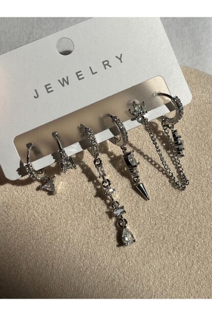 NATURE Çelik Zirkon Taşlı Şık Zincirli Küpe Seti