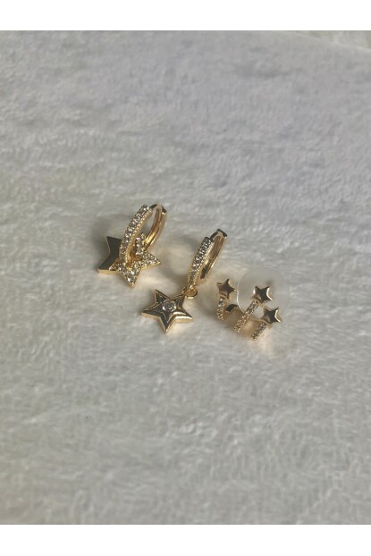 NATURE Çelik Zirkon Taşlı Yıldız  3lü Gold Renk Kombin Halka Küpe