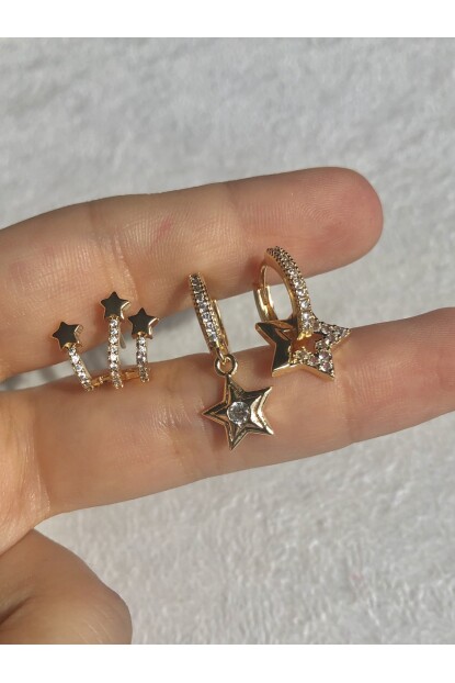 NATURE Çelik Zirkon Taşlı Yıldız  3lü Gold Renk Kombin Halka Küpe
