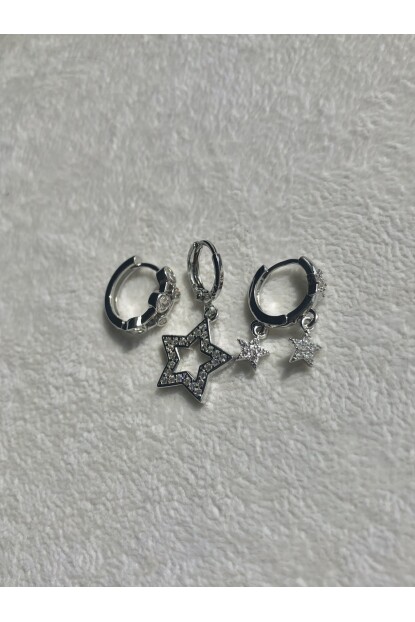 NATURE Çelik Zirkon Taşlı Yıldız  3lü Gümüş Renk Kombin Halka Küpe