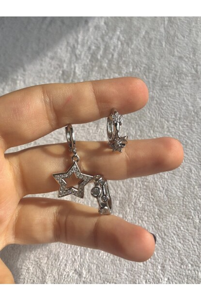 NATURE Çelik Zirkon Taşlı Yıldız  3lü Gümüş Renk Kombin Halka Küpe