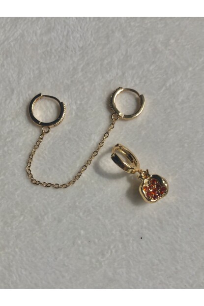 NATURE Çelik Zirkon Taşlı Zincirli Narlı 3lü Gold Renk Kombin Halka Küpe