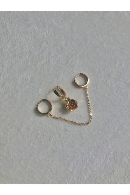 NATURE Çelik Zirkon Taşlı Zincirli Narlı 3lü Gold Renk Kombin Halka Küpe