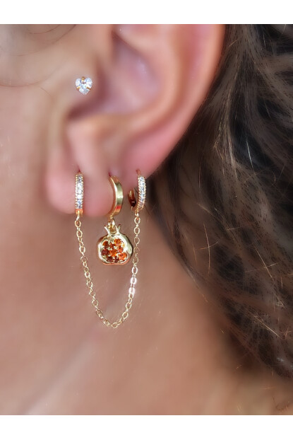 NATURE Çelik Zirkon Taşlı Zincirli Narlı 3lü Gold Renk Kombin Halka Küpe