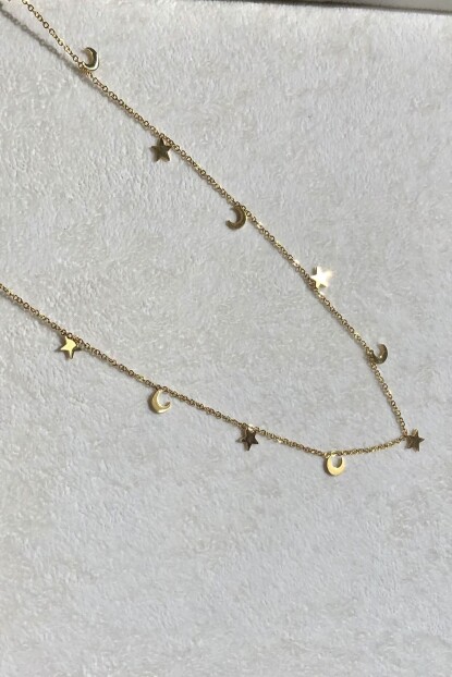 NATURE Cerrahi Çelik 55cm Ay ve Yıldızlı Sallantılı Uzun Gold Renk Kolye