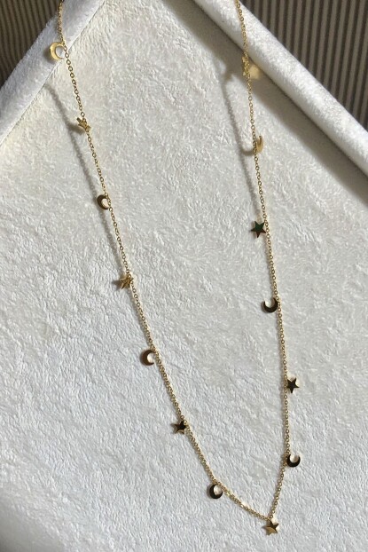 NATURE Cerrahi Çelik 55cm Ay ve Yıldızlı Sallantılı Uzun Gold Renk Kolye