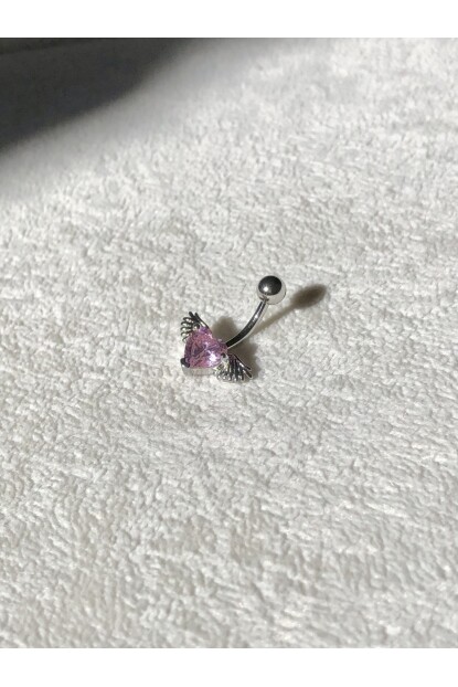 NATURE Cerrahi Çelik Kanatlı Pembe Kalpli Gümüş Göbek Piercing