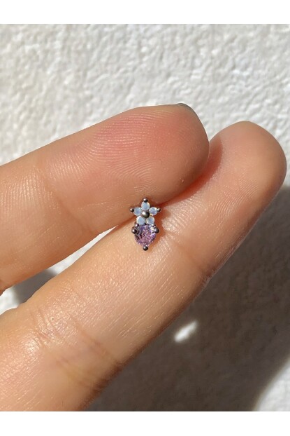 NATURE Cerrahi Çelik Pembe  Zirkon Taşlı Çiçekli Gümüş Renk 1cm Piercing