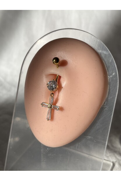 NATURE Cerrahi Çelik Taşlı Haç Göbek Piercing