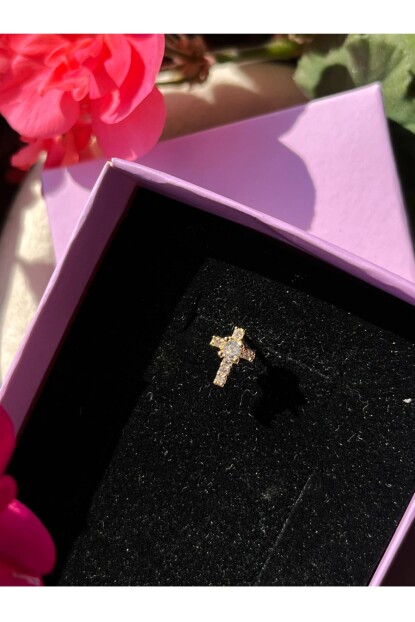 NATURE Cerrahi Çelik Zirkon Taşlı Arkası Düz Haç Piercing,Tragus, Helix, Kıkırdak.