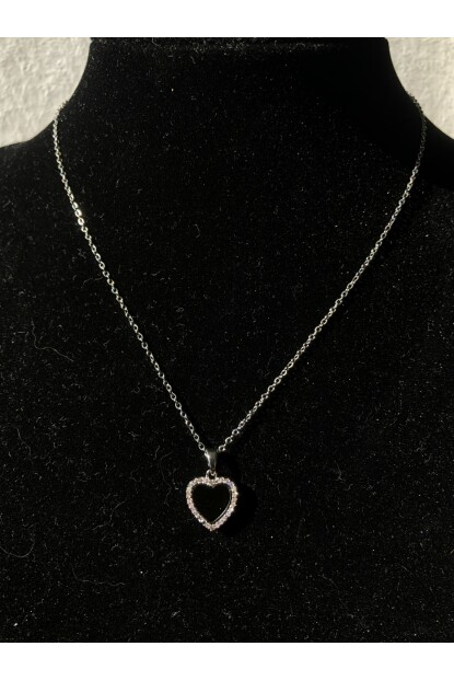 NATURE Cerrahi Çelik Zirkon Taşlı Çift Taraflı 46 cm Gümüş Renk Sedefli Kalp Kolye 
