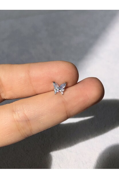 NATURE Cerrahi Çelik  Zirkon Taşlı Mavi Kelebek  Gümüş renk 1cm  Piercing
